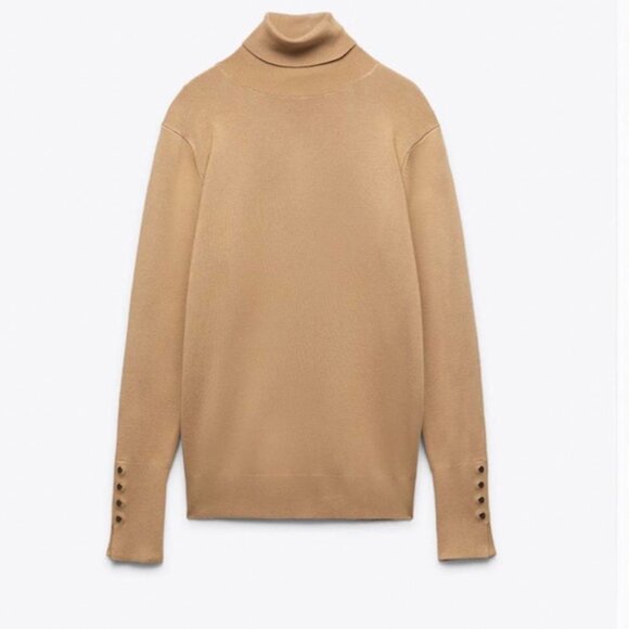 New Zara Tan Basic Knit Turtleneck Sweater Gold Sleeve Buttons Size S - Picture 3 of 12